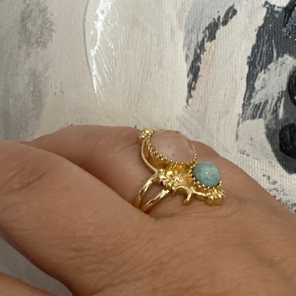 Rose Quartz with Turquoise star moon ring with Adjustable gold band.